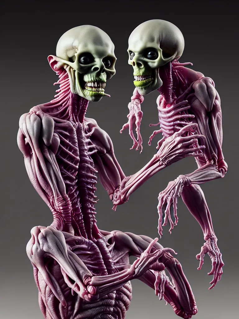 Prompt: hyperrealistic rendering, fat smooth cronenberg flesh monster transparent grey alien with skull and spine by donato giancola and greg rutkowski and wayne barlow and zdzisław beksinski, product photography, action figure, sofubi, studio lighting, colored gels, colored background
