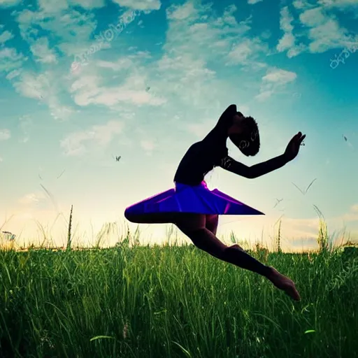 Prompt: A girl made of origami paper doing acrobatic contemporary dance, dramatic lighting, with bokeh effect in a sunny meadow