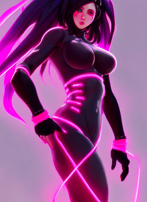 Prompt: lilith, wide angle view, neon pink and black color scheme, highly detailed, artgerm, cushart krenz, king of fighters style, trending on artstation, soft light, sharp edges, illustration, character design, concept art