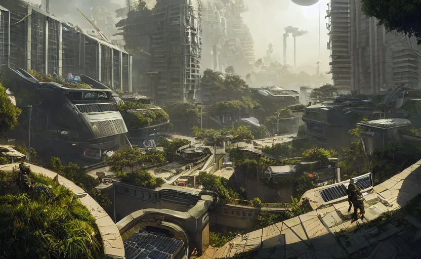 Prompt: solarpunk city with manicured parks and walkable pathways, rooftop solar panels, sustainable metropolis set in the world of call of duty black ops 3, highly detailed, digital painting, artstation, concept art, smooth, sharp focus, illustration, art by wlop, mars ravelo and greg rutkowski and frank lloyd wright