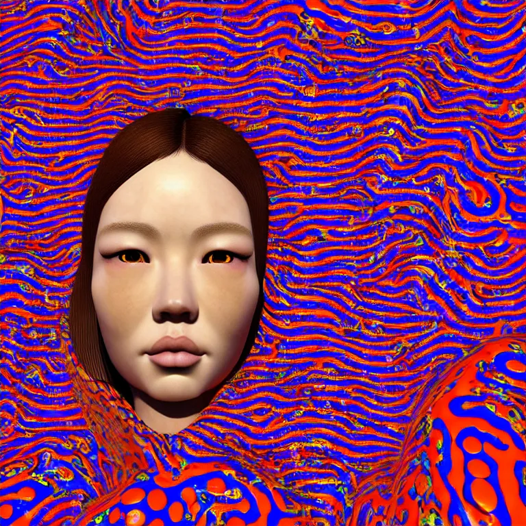 Prompt: realistic detailed image of a japanese model laying in a padded room, 8 k conjuring psychedelic background, part by yayoi kusama, part by alex gray, part by ross tran, part by james jean, ultra realistic, highly detailed, life like face, detailed body, 8 k, octane render, trending on artstation, very cohesive, masterpiece