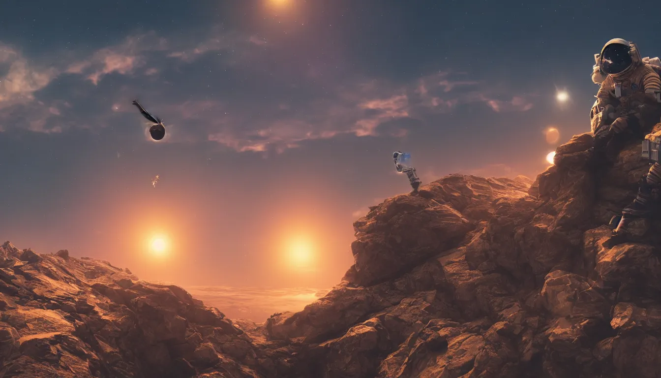 Image similar to lone cyberpunk astronaut sat on top of a mountain looking at the horizon of a unknown planet, close shot, sunset, cinematic, epic, dark scenario, 8k, award winning,