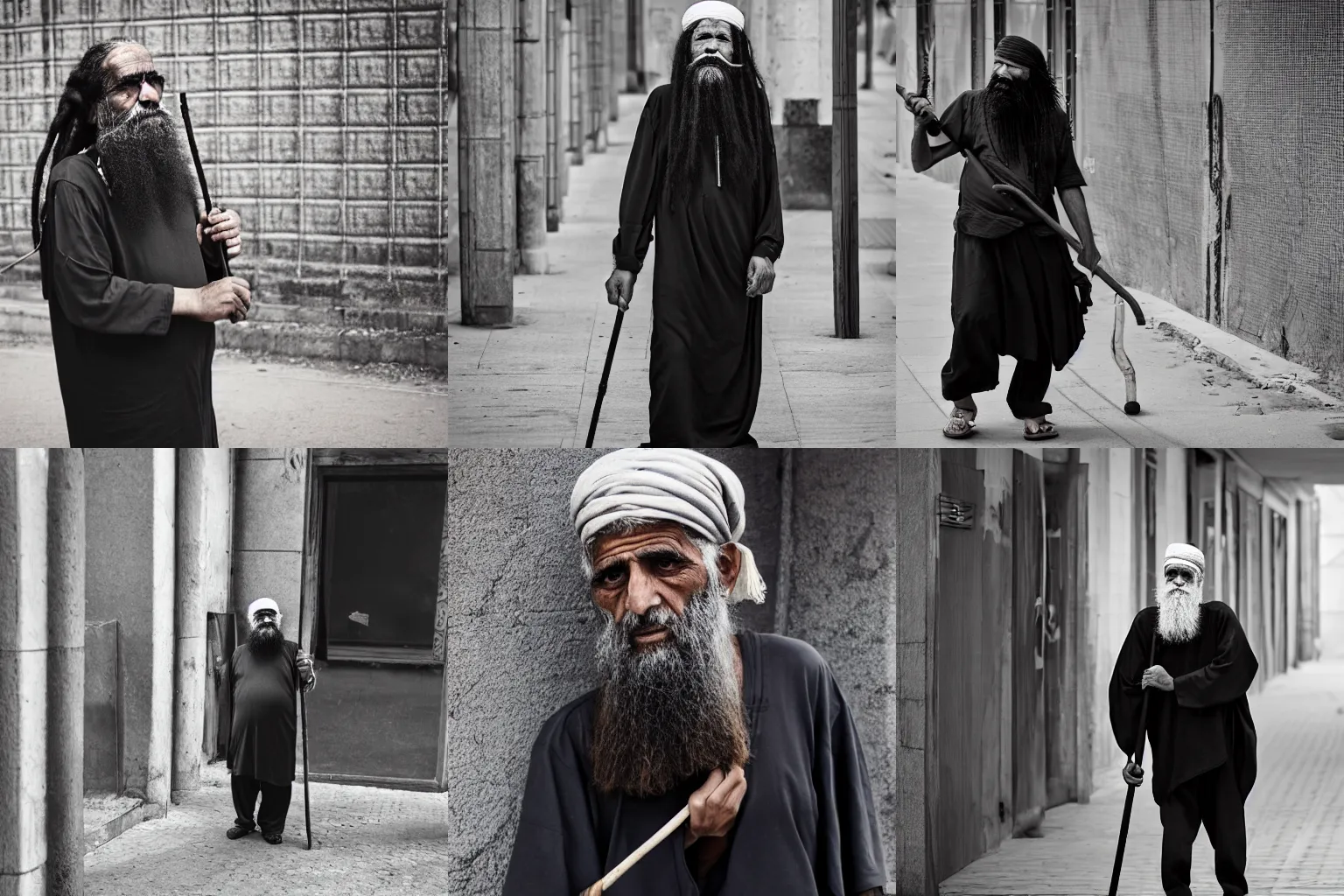 Prompt: blind bearded egyptian old man in modern city, long dreadlocks, worn black clothes holding a staff, dlsr photo