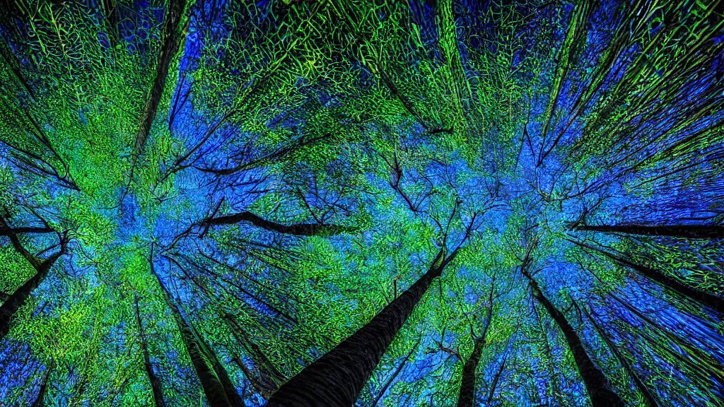 Prompt: The trunks stretch above you, awesome and cradling. The canopy gyres overhead, the intricacy of the leaf capillaries dazzle. Psychedelic night time photography in the style of Andreas Ghersky