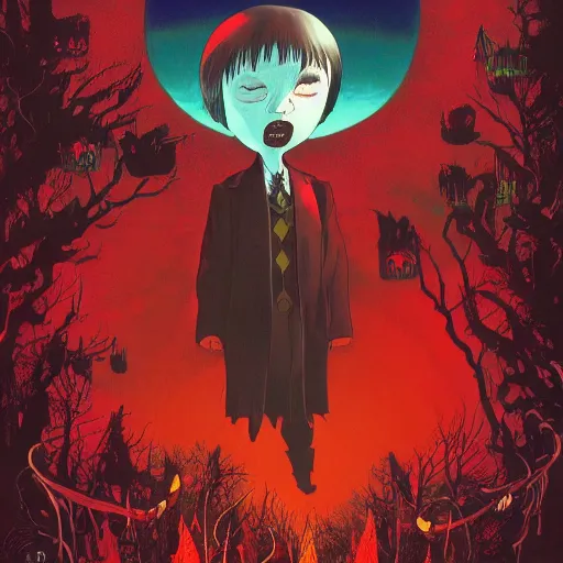 Prompt: Vampire traveling through a beautiful psychedelic world, horror, illustrated by Hayao Miyazaki, trending on artstation