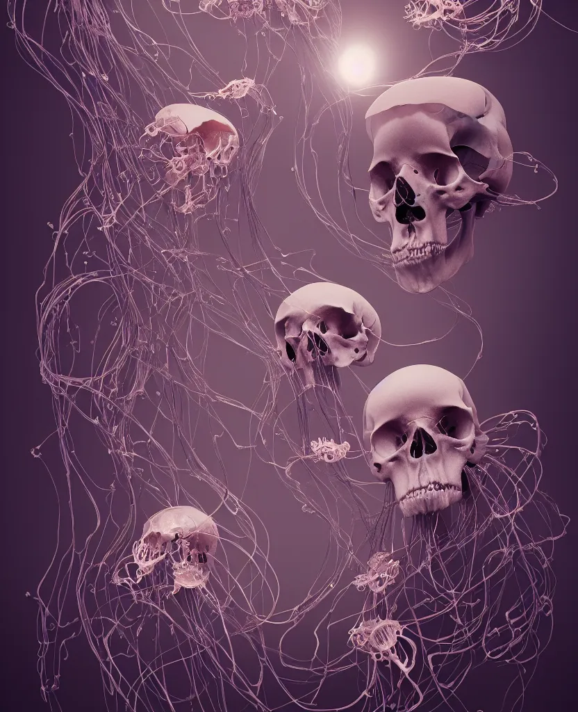 Image similar to composition of human skulls, animals skulls, bones, rib-cage. jellyfish orchids and betta fish, bioluminiscent, intricate artwork by Tooth Wu and wlop and beeple. octane render, trending on artstation, greg rutkowski very coherent symmetrical artwork. cinematic, hyper realism, high detail, octane render, 8k