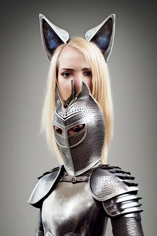 Image similar to female knight wearing a real cat on her head, armor designed by wayne barlowe, swarovski and tiffany, blonde hair, symmetry, sci - fi, cinematic, elegant, luxury, perfect light, perfect composition, dlsr photography, sharp focus, dark fantasy, 4 k, ultra hd, sense of awe, highly detailed, realistic, intricate