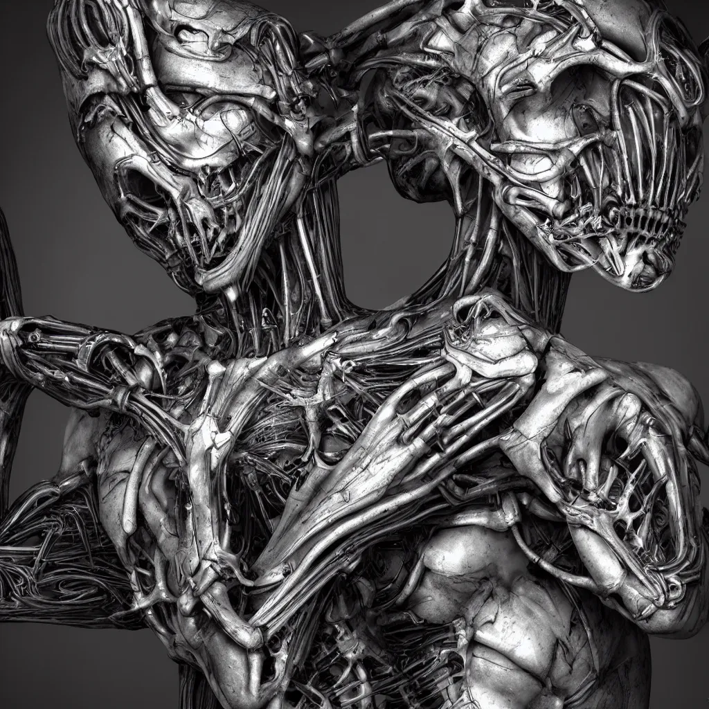 Image similar to a beautiful female is infected with a biomechanical suit, octane render, hyper realistic, art by hr giger, full profile, epic angle