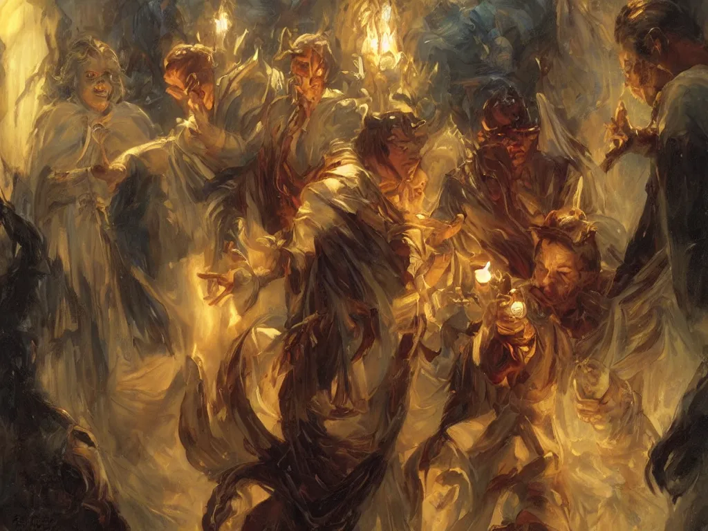 Image similar to attractive magician casts dark spell, summoning attractive lucifer morningstar. highly detailed painting by gaston bussiere, craig mullins, j. c. leyendecker 8 k