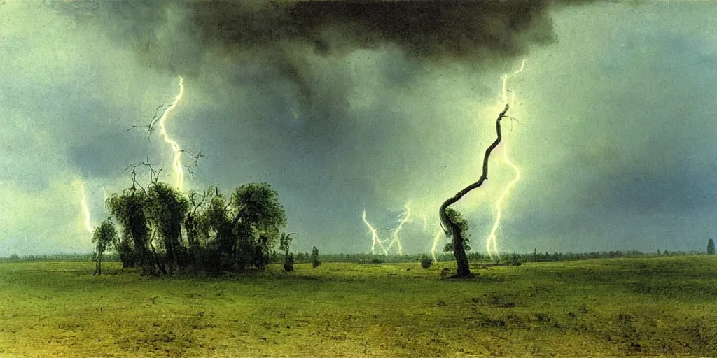 Prompt: lightning strikes a tree in the middle of a field, painting By Alexei Savrasov,