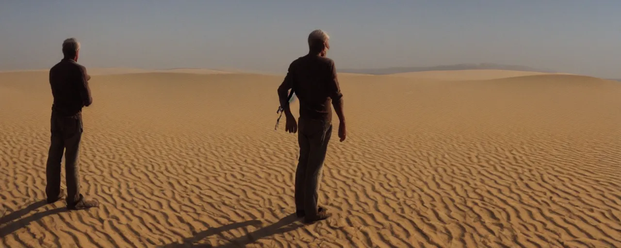 Prompt: a man stands upon the sands of time