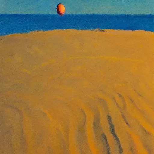 Image similar to a fauvist painting of a strange alien artifact poking out from the sand, late evening light