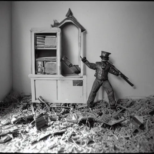 Image similar to toy soldier civil war inside abandoned dollhouse, 35mm grainy film photography