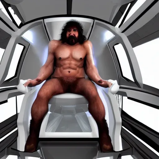 Prompt: neanderthal inside a futuristic spaceship, caveman in pilot seat, epic pose