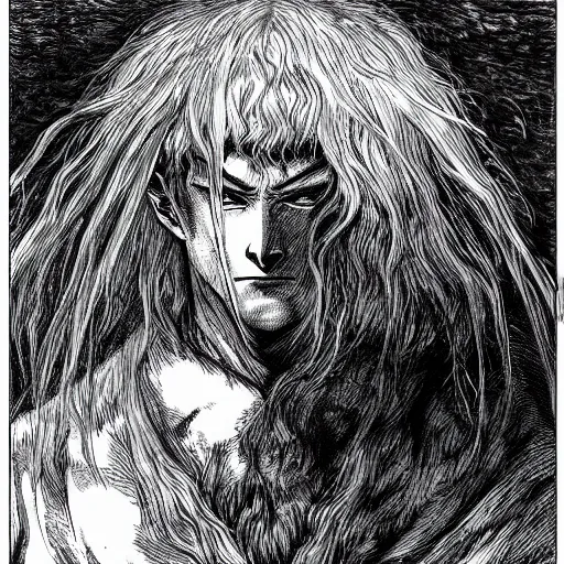 Image similar to a beautiful portrait of man by kentaro miura and gustave dore, berserk style, hyperdetailled manga character