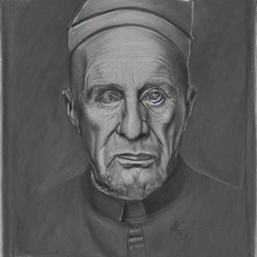 Prompt: Detailed portrait of a Catholic Cardinal. Imposing, regal, and austere. Charcoal on paper