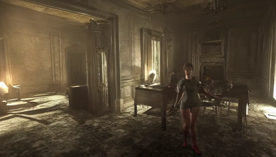 Prompt: Ingame Screenshot of 8k ultra realistic Resident Evil game , Rebecca Chambers in a mansion, detailed, cinematic lighting, 4k, hyperrealistic, focused, extreme details,unreal engine 5, cinematic