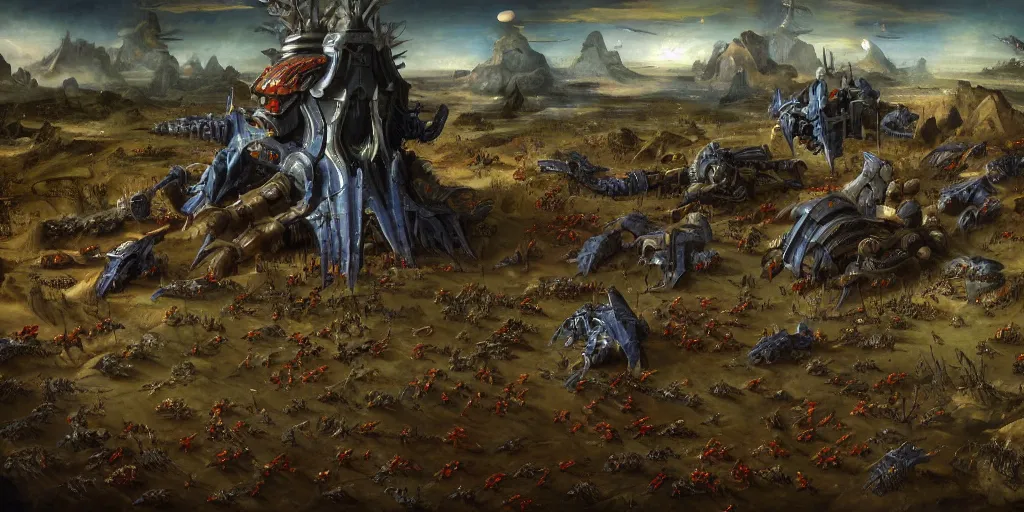 Image similar to Starcraft gameplay in style of Hieronymus Bosch paintings, painting, gameplay, high detailed, dark fantasy, dark tones, buildings, armored units, red flags, cavalry,RPG, high detailed, contrast, octane render,mill, farm, creative