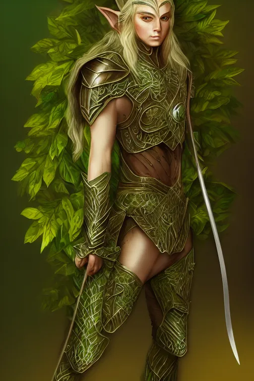 Prompt: male elven Archer armor made of green leaves, fantasy, amber eyes, face, long hair, intricate, elegant, highly detailed, digital painting, artstation, concept art, smooth, sharp focus, illustration