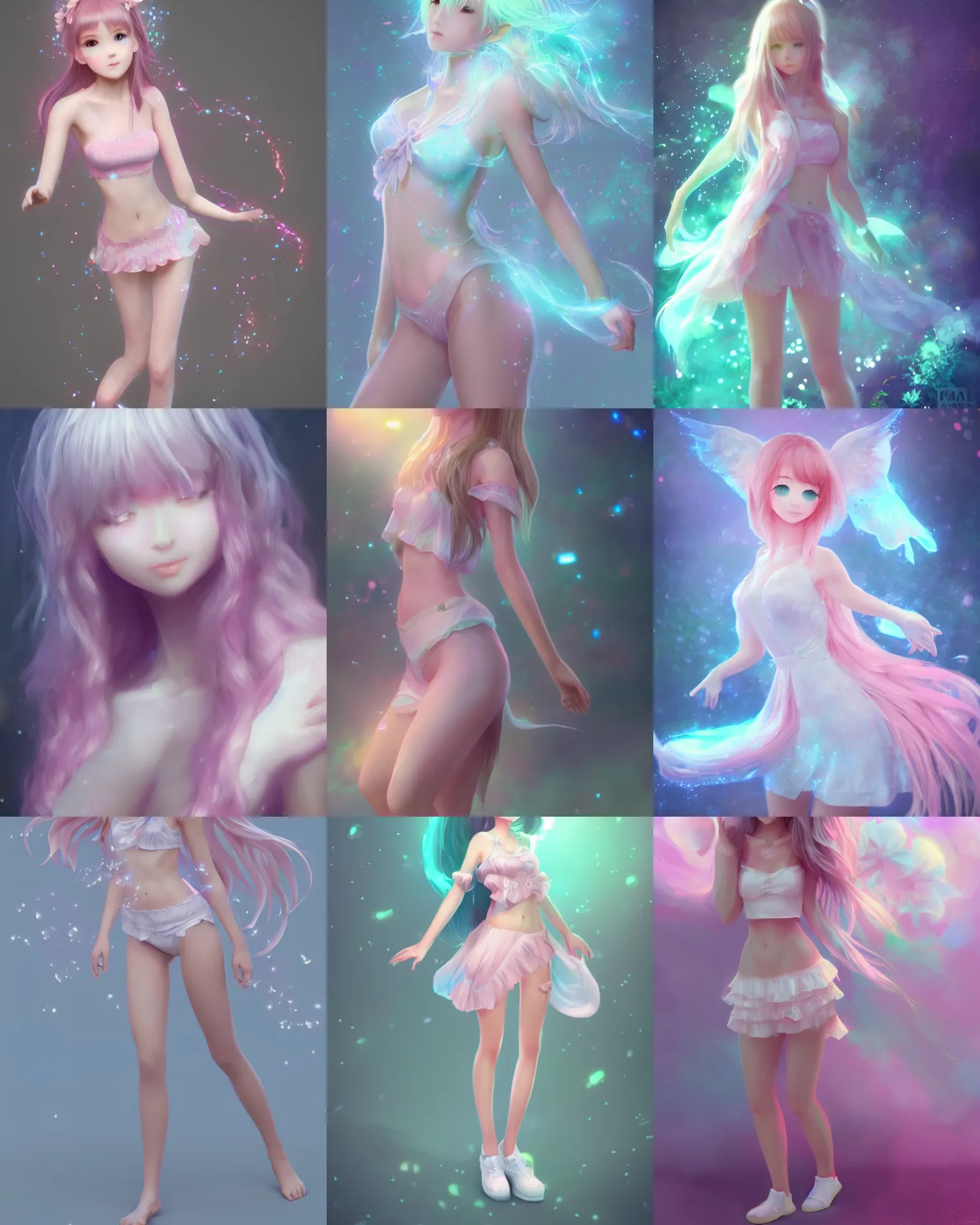 Prompt: full body shot of a very beautiful girl in very cute realistic WLOP digital art style with bloom ethereal effects, trending on Artstation, made by Tran Ross feminine in pastel shades, trending on pixiv, Unreal Engine 3d, 4k, rossdraws