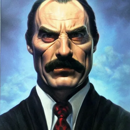 Prompt: ultra realistic portrait painting of tom selleck as lord voldemort, art by frank frazetta, 4 k, ultra realistic, highly detailed, epic lighting