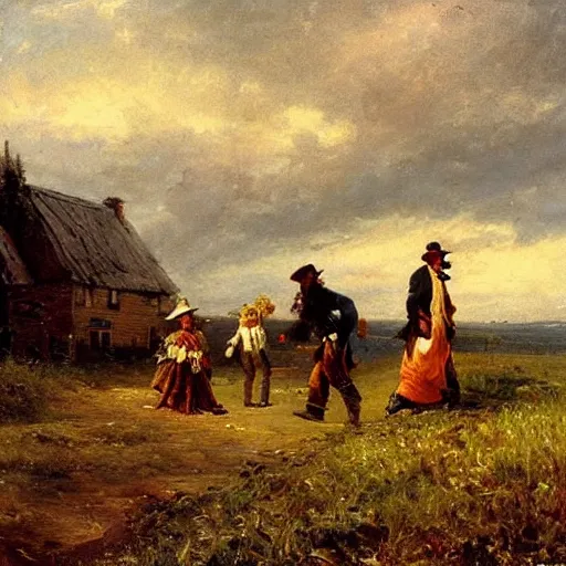 Image similar to scarecrow parade, landscape, romanticism by andreas achenbach