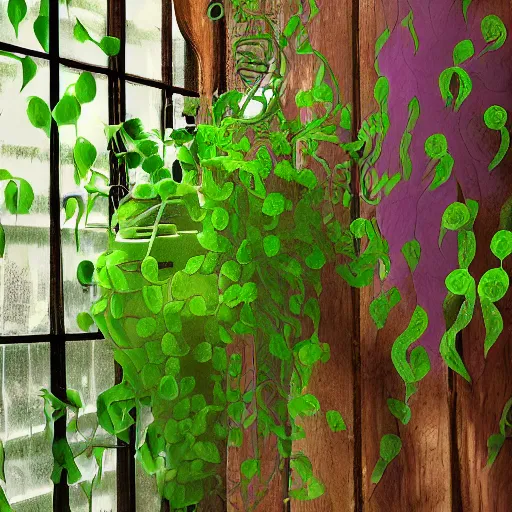 Image similar to several green and violet poisonous spiked tentacula vines grow from a pot, on wooden table in the ray of sunshine in greenhouse, digital art, hyper realistic, sharp focus, high detailed, calm, warm lighting, by Rutkowsky by Argyle