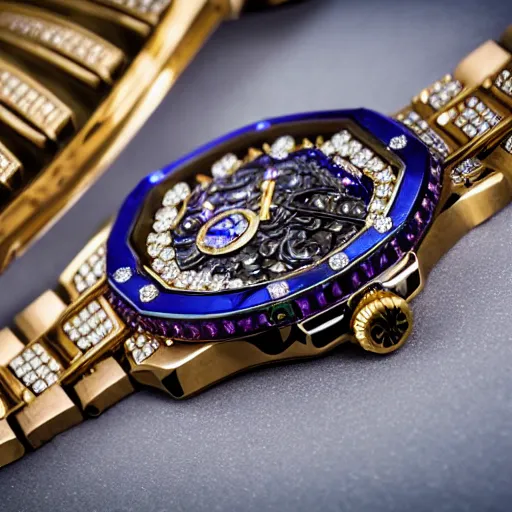 Image similar to vvs diamond alexandrite sapphire watch, intricate design, rolex, cogs and gears, steampunk watch, bejeweled beautiful watch, richard mille, promotional photo, 8 k photography