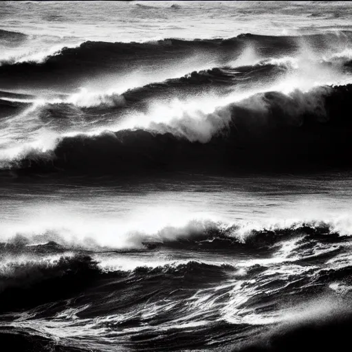 Image similar to dark ocean, towering waves, black, grey - scale, highly turbulent, deep focus, no sky, elevation view, hidden hands and faces