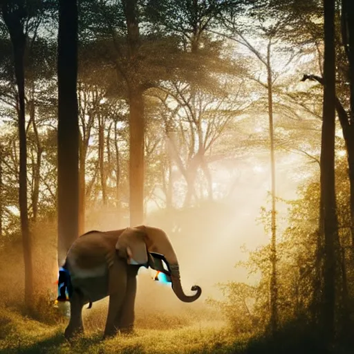 Image similar to An elephant walking in a forest, natural lighting, sunbeams, golden hour, misty atmospherics