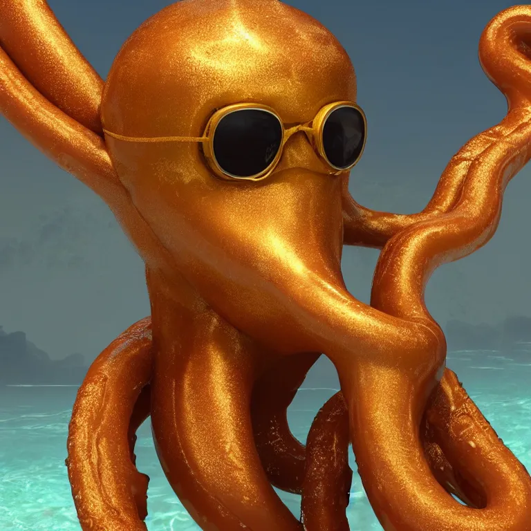 Image similar to octane render portrait by wayne barlow and carlo crivelli and glenn fabry, subject is a man in a wet suit with goggles with giant long golden octopus tentacles coming out of their mouth, cinema 4 d, ray traced lighting, very short depth of field, bokeh