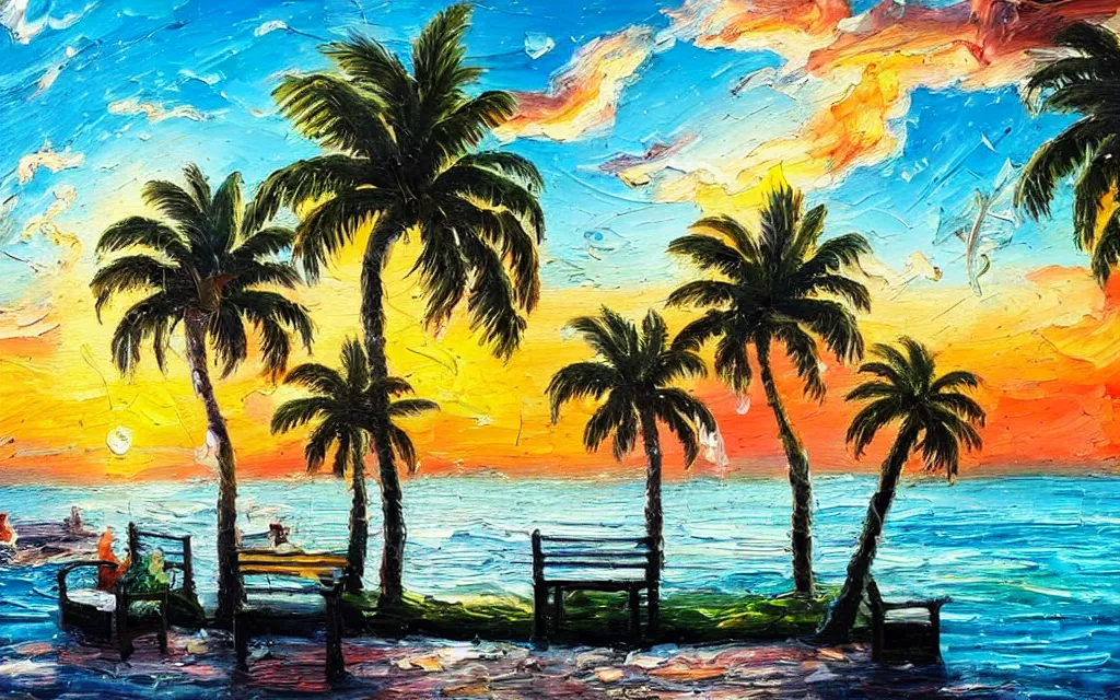 Image similar to a sea with a tiny island with a cute cozy cottage with a terrace, a paved garden courtyard with benches and a fountain, palm trees, river, sunset, puffy clouds, dramatic and dynamic lighting, thick brush strokes oil impasto painting