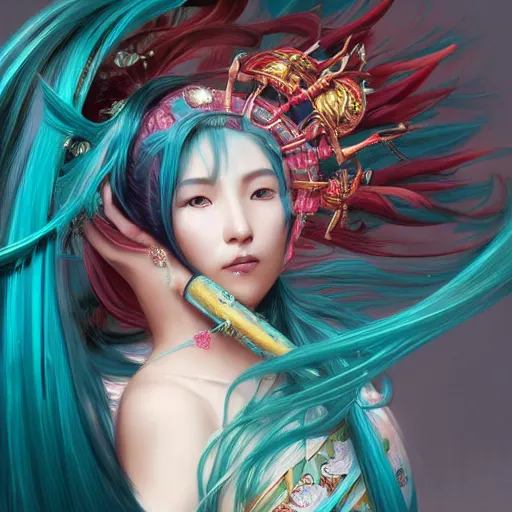 Image similar to a beautiful portrait of hatsune miku with teal colored hair with deep red highlight streaks in her hair dressed as a ancient chinese sorceress, intricate, elegant, highly detailed, digital painting, artstation, concept art, matte, sharp focus, illustration, art by greg rutkowski and alphonse mucha