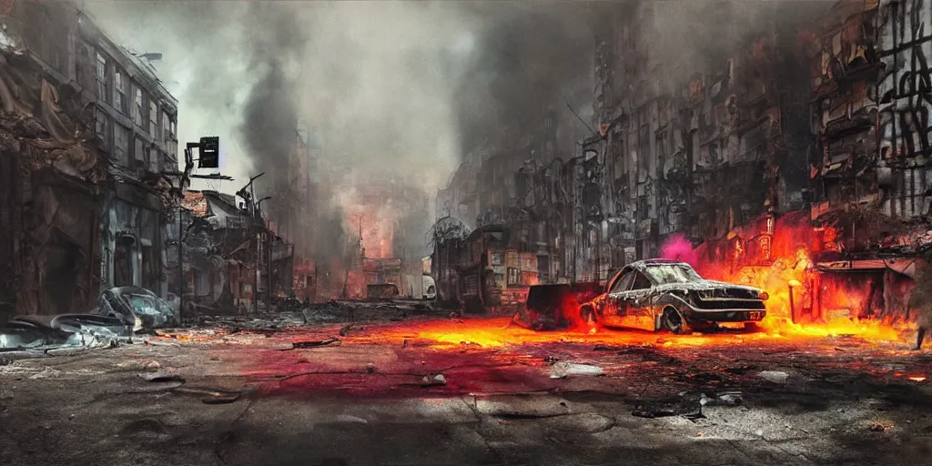 Image similar to post - apocalyptic kreuzberg streets, burned cars, explosions, colorful smoke, hyperrealistic, gritty, damaged, dark, urban photography, photorealistic, high details