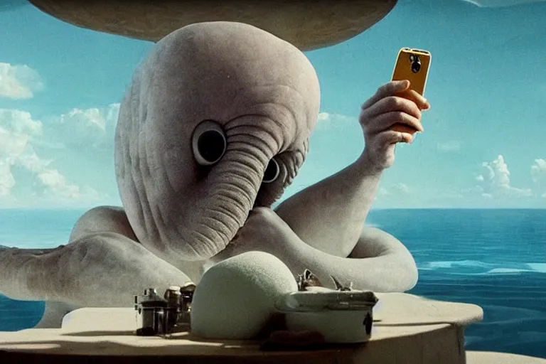 Image similar to hyperrealism aesthetic ridley scott and caravaggio and denis villeneuve style photography of a detailed giant squidward, siting on a detailed ultra huge toilet and scrolling his smartphone in surreal scene from detailed art house movie in style of alejandro jodorowsky and wes anderson