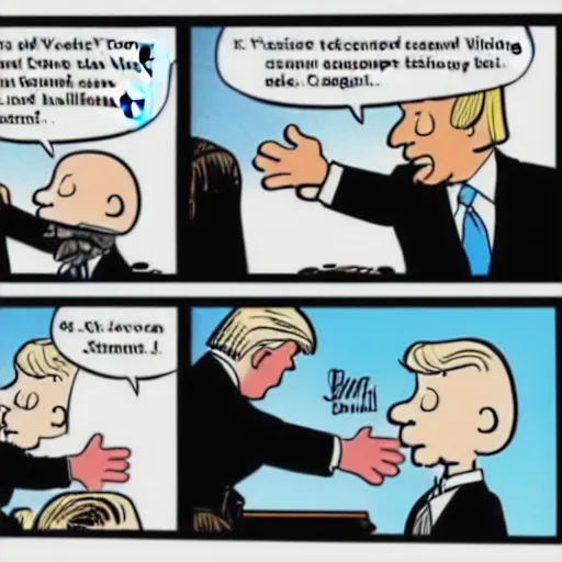 Image similar to a cartoon of joe biden pulling away the nuclear football before trump can kick it, cartoon in the style of peanuts by charles schulz