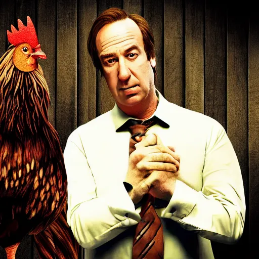 Image similar to saul goodman and a rooster in a saw movie torture chamber, saw movie jigsaw background, saul goodman, rooster, photo