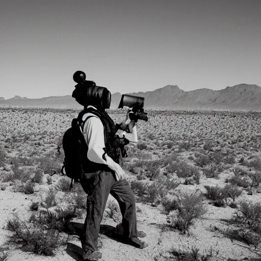 Image similar to a man wearing a gasmask, heavily equipped, in the desert, film still, panasonic 35mm