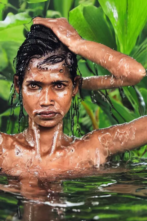 Image similar to a professional portrait photo of a sri lankan native jungle woman, submerged in water, black hair, hunter, extremely high fidelity, natural lighting