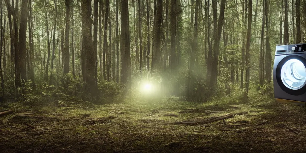 Image similar to futuristic washing machine in a timber forest, spring, cinematic lighting, shot on arri alexa