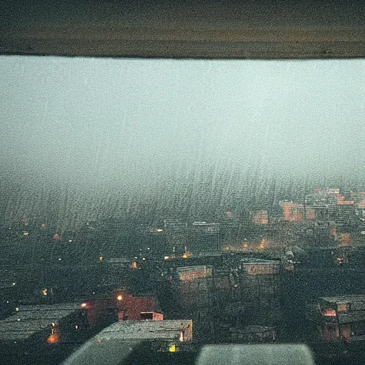 Image similar to view out of a window, fallout city and radioactive rain, with a oppressive mood and fog in uneasy colors