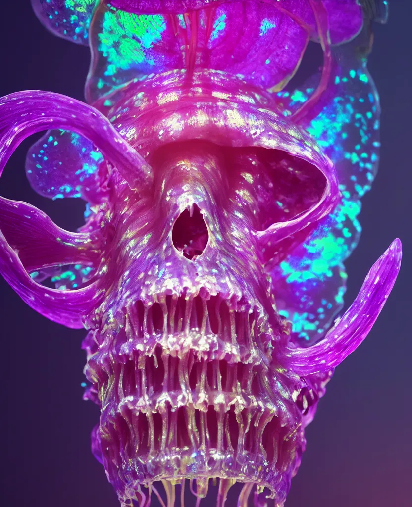 Image similar to close-up portrait. dichroic orchid jellyfish skull, betta fish, bioluminiscent creatures, intricate artwork by Tooth Wu and wlop and beeple. octane render, trending on artstation, greg rutkowski very coherent symmetrical artwork. cinematic, hyper realism, high detail, octane render, 8k