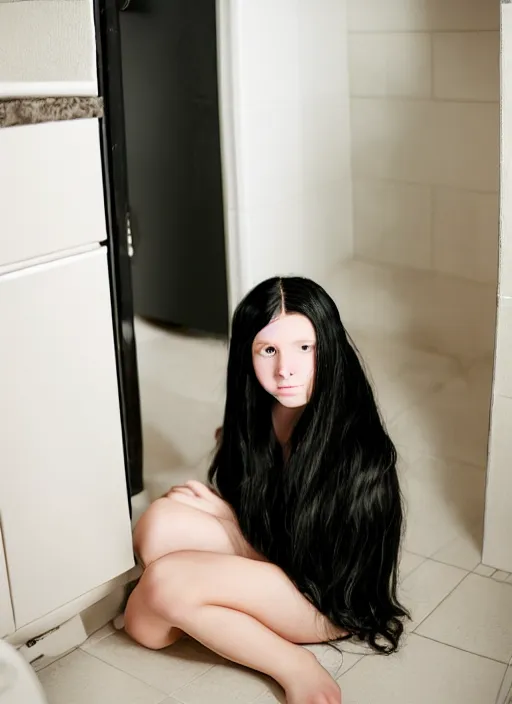 Image similar to a 1 4 year old girl with straight long black hair wearing black dress that sitting on bathroom floor