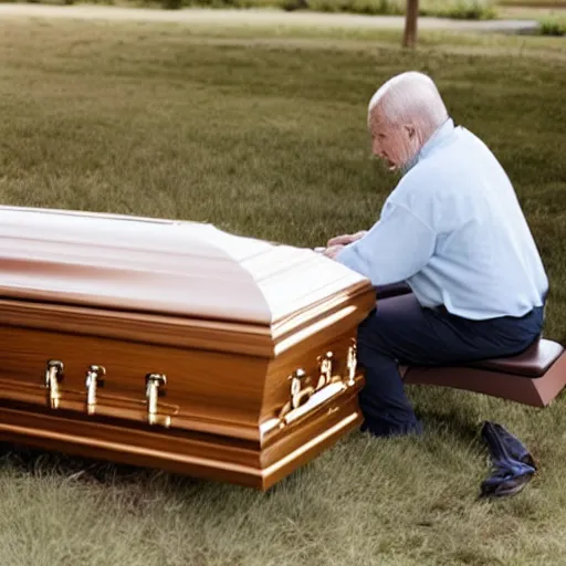 Image similar to elderly man sitting inside a casket browsing internet on laptop from a casket casket