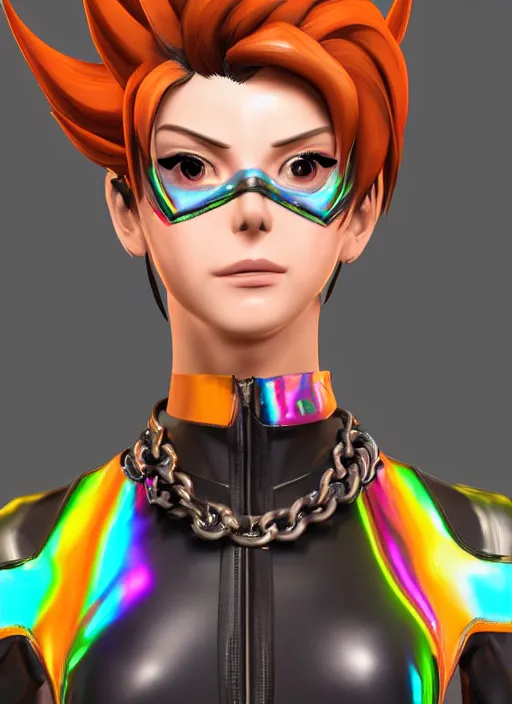 Image similar to portrait bust digital artwork of tracer overwatch, wearing iridescent rainbow latex and leather straps catsuit outfit, neon makeup, in style of mark arian, angel wings, wearing detailed leather collar, chains, black leather harness, detailed face and eyes,