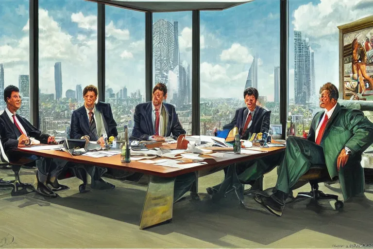 Prompt: the hulk wearing a business suit sitting at a table in a corporate board meeting, oil on canvas, intricate, full scene, 8 k highly professionally detailed, hdr, joe jusko