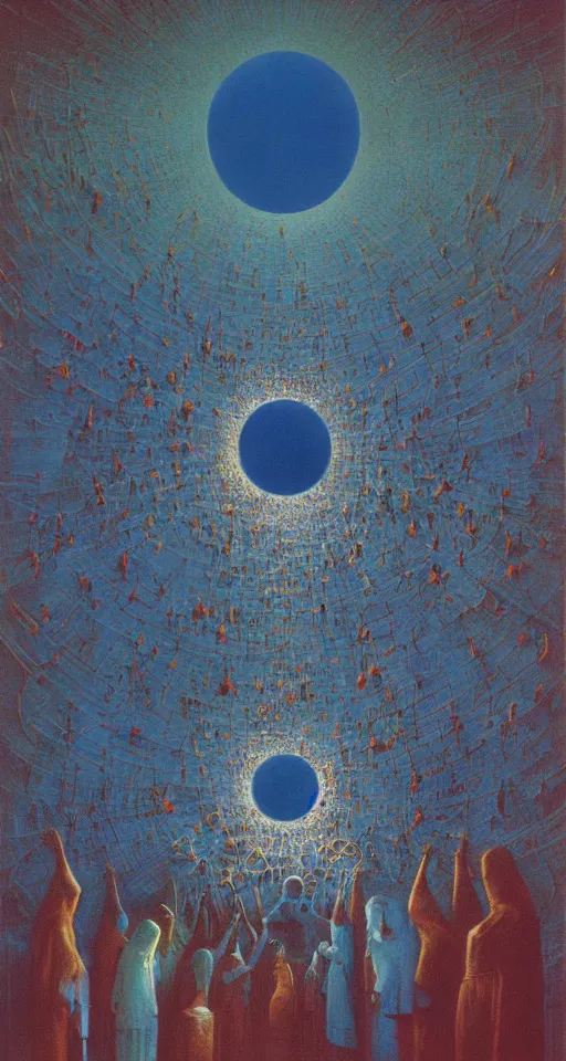 Prompt: worshippers in robes huddled around a very complex gigantic reflective glowing glass crystal tesseract orb violently illuminating a small room, very bright white light, enlightening, high detailed beksinski painting, part by adrian ghenie and gerhard richter. masterpiece, deep colours, blue