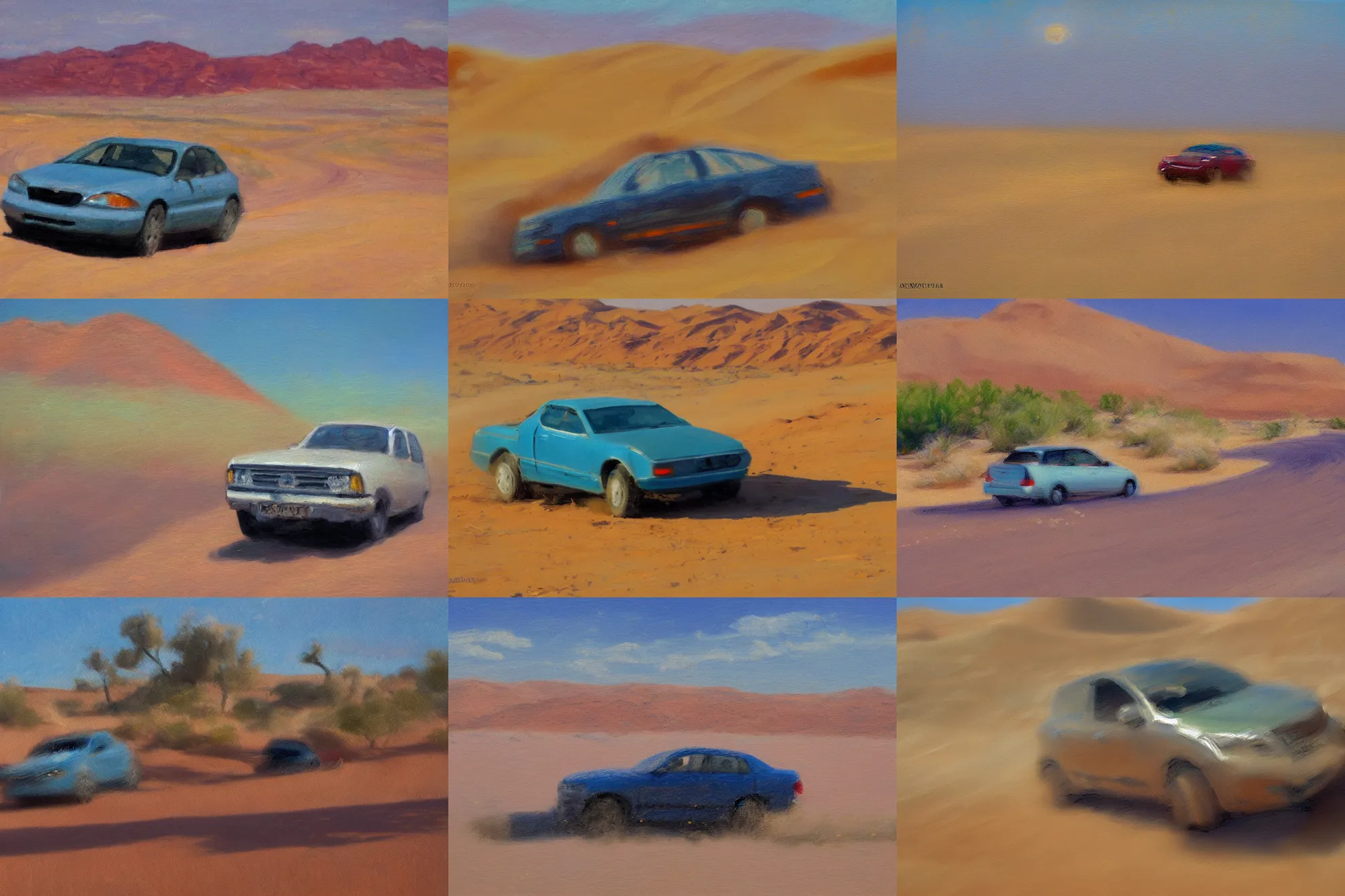 Prompt: An impressionist oil painting of a car driving in the desert