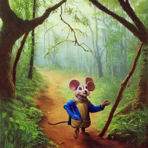 Prompt: an adventurous anthropomorphic mouse wearing medieval clothing walking through a lush forest, Alex Ross