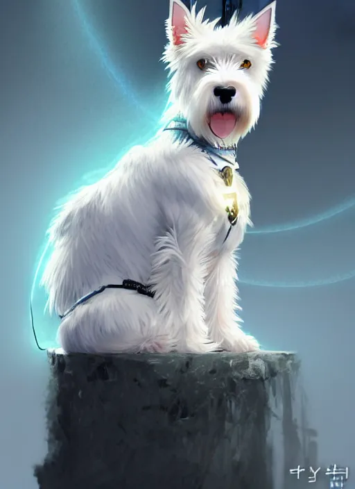 Prompt: a west highland white terrier sitting politely, facing the camera, anime art style, wearing futuristic, led - lit armor, and a cannon mounted on his back, portrait, high detail, sharp focus, digital painting, artstation, concept art, art by hayao miyazaki and artgerm and greg rutkowski and alphonse mucha.